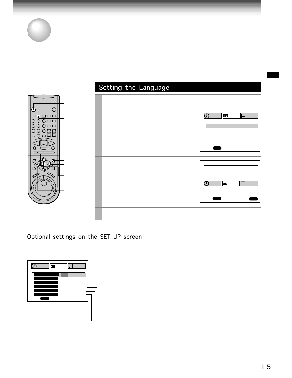 Initial settings using on-screen display, Setting the language, Enter | Prog, Vcr power, Cursor up, Cursor down, Press, Select the language using, And press | Toshiba W-705 User Manual | Page 15 / 42