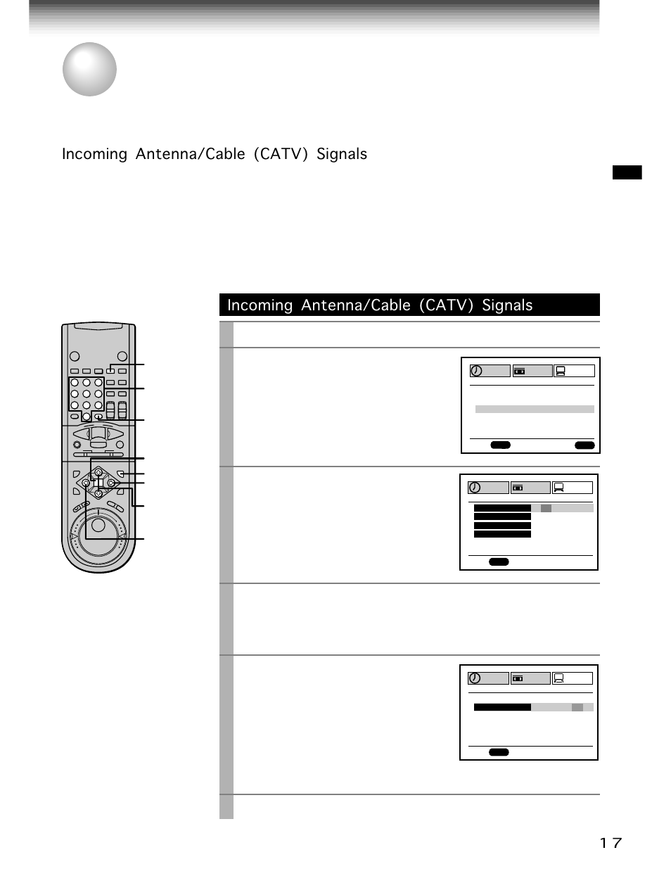 Storing channels on the vcr, Incoming antenna/cable (catv) signals, Prog | Cursor right, Cursor left, Enter, Cursor up, Cursor down, Press, Select “preset” using | Toshiba W-705 User Manual | Page 17 / 42