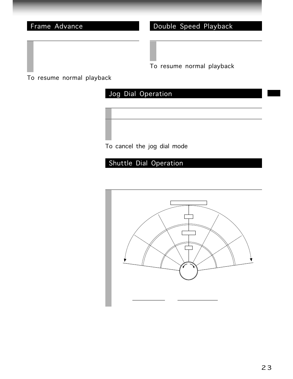 Frame advance, Double speed playback, Jog dial operation | Shuttle dial operation, Play, Pause/still, Jog dial, Shuttle dial, A picture advances frame by frame, Press | Toshiba W-705 User Manual | Page 23 / 42