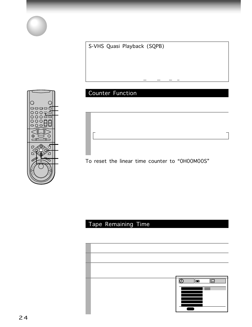 Useful functions in tape operation, Counter function, Tape remaining time | Remain/counter, Prog, Cursor right, Cursor left, Enter, Each time you press, The vcr display changes in sequence as follows | Toshiba W-705 User Manual | Page 24 / 42