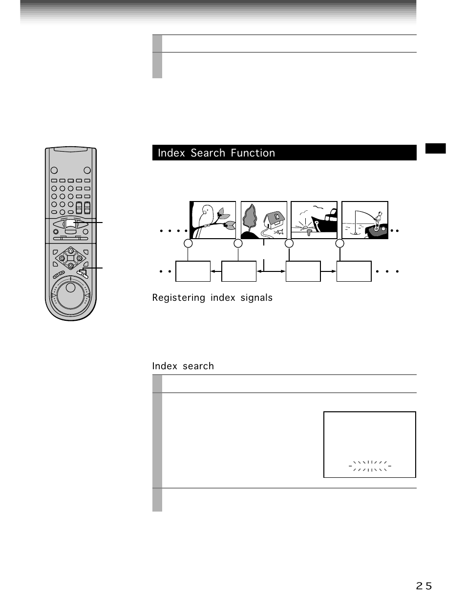 Index search function, Index (–), Play | Prog, Remain/counter, Index search, Load a cassette with the index signals registered, Press, When the desired program is found | Toshiba W-705 User Manual | Page 25 / 42