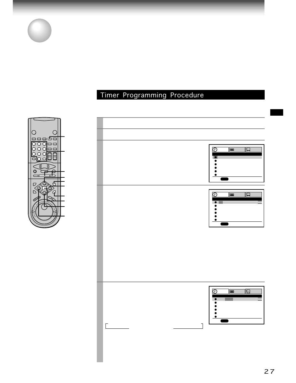 Timer program recording, Timer programming procedure, Prog | Cursor right, Cursor left, Enter, Cursor up, Cursor down, Number buttons, Load a cassette with the safety tab attached | Toshiba W-705 User Manual | Page 27 / 42