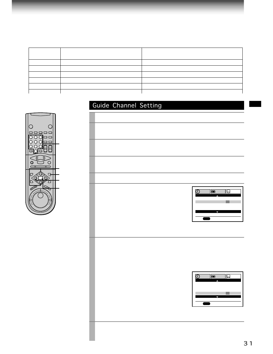 Guide channel setting, Prog, Cursor right | Cursor left, Enter, Cursor up, Cursor down, Press, Select “preset” using, And press | Toshiba W-705 User Manual | Page 31 / 42