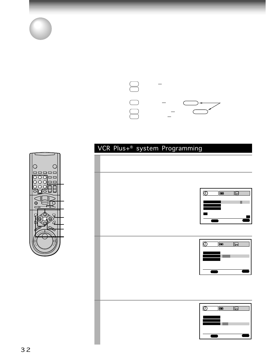 Vcr plus+ c3 system recording, System recording, Vcr plus | System programming, Cursor up, Cursor down, Press, Enter a pluscode, Programming number, Select “mode” using | Toshiba W-705 User Manual | Page 32 / 42