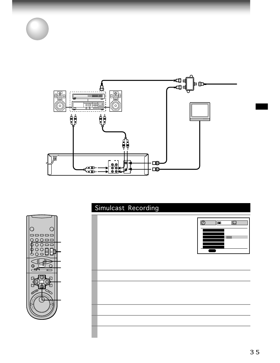 Simulcast recording, Cursor up, Cursor down | Cursor left, Cursor right, Prog, Channel, Sp/slp, Stop, And set to “on” using | Toshiba W-705 User Manual | Page 35 / 42