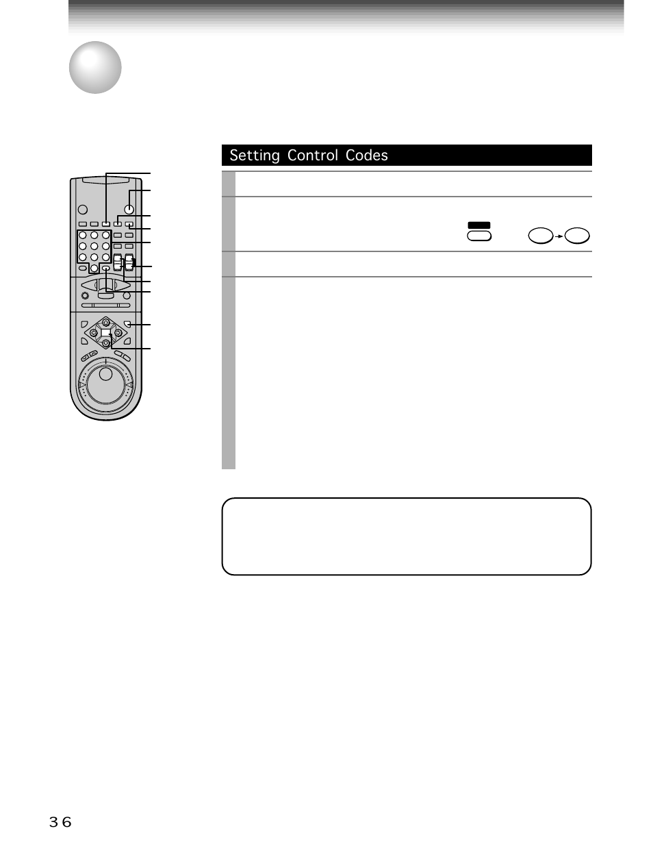 Additional information, Multi brand remote control, Setting control codes | Prog, Number buttons, Press, While holding down, Release | Toshiba W-705 User Manual | Page 36 / 42