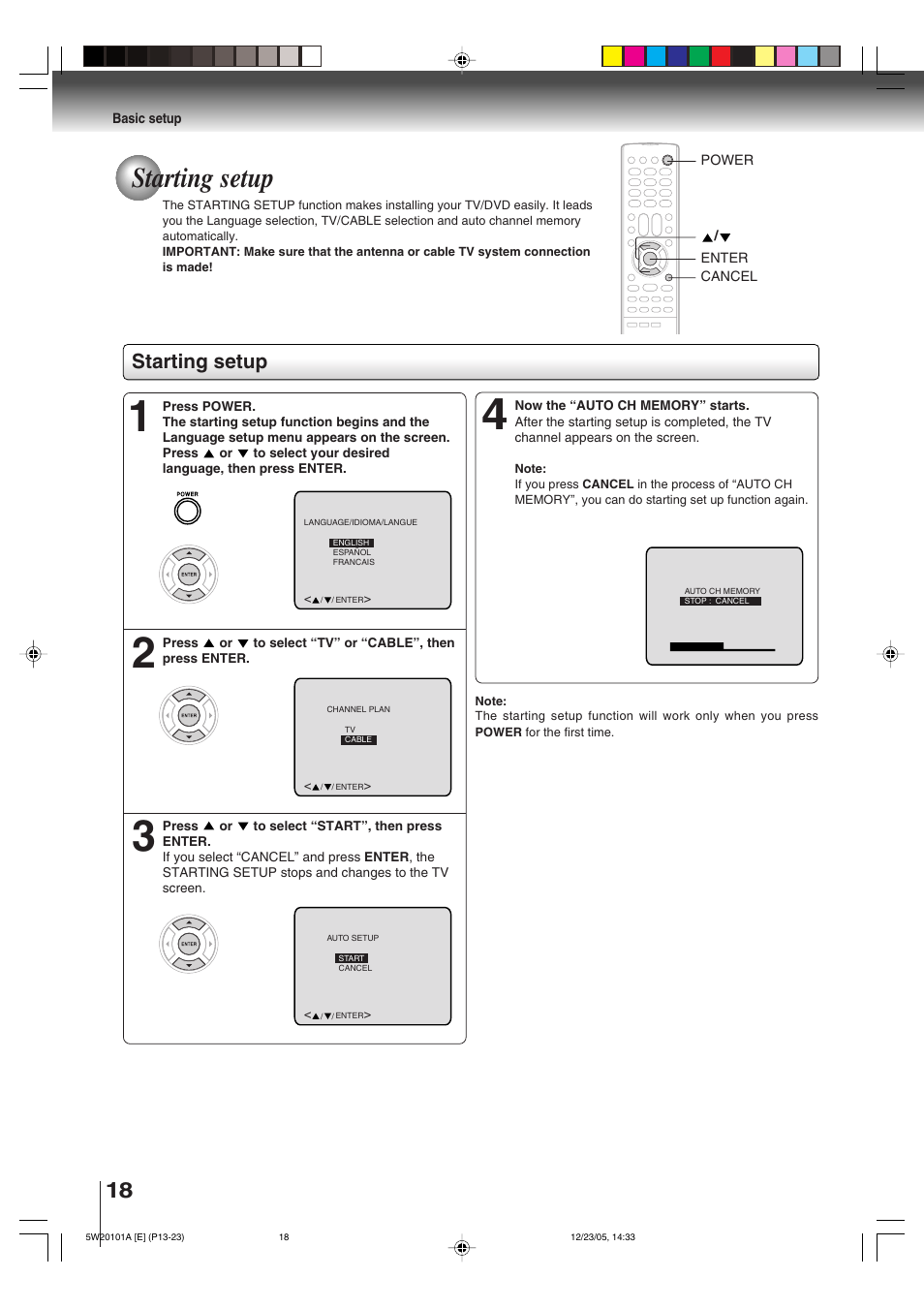 Starting setup | Toshiba MD14F52 User Manual | Page 18 / 56