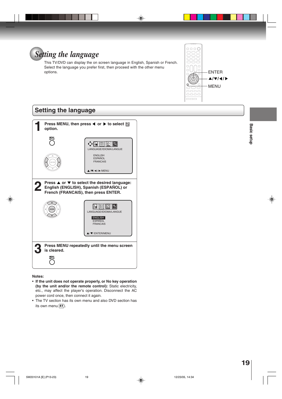 Setting the language | Toshiba MD14F52 User Manual | Page 19 / 56