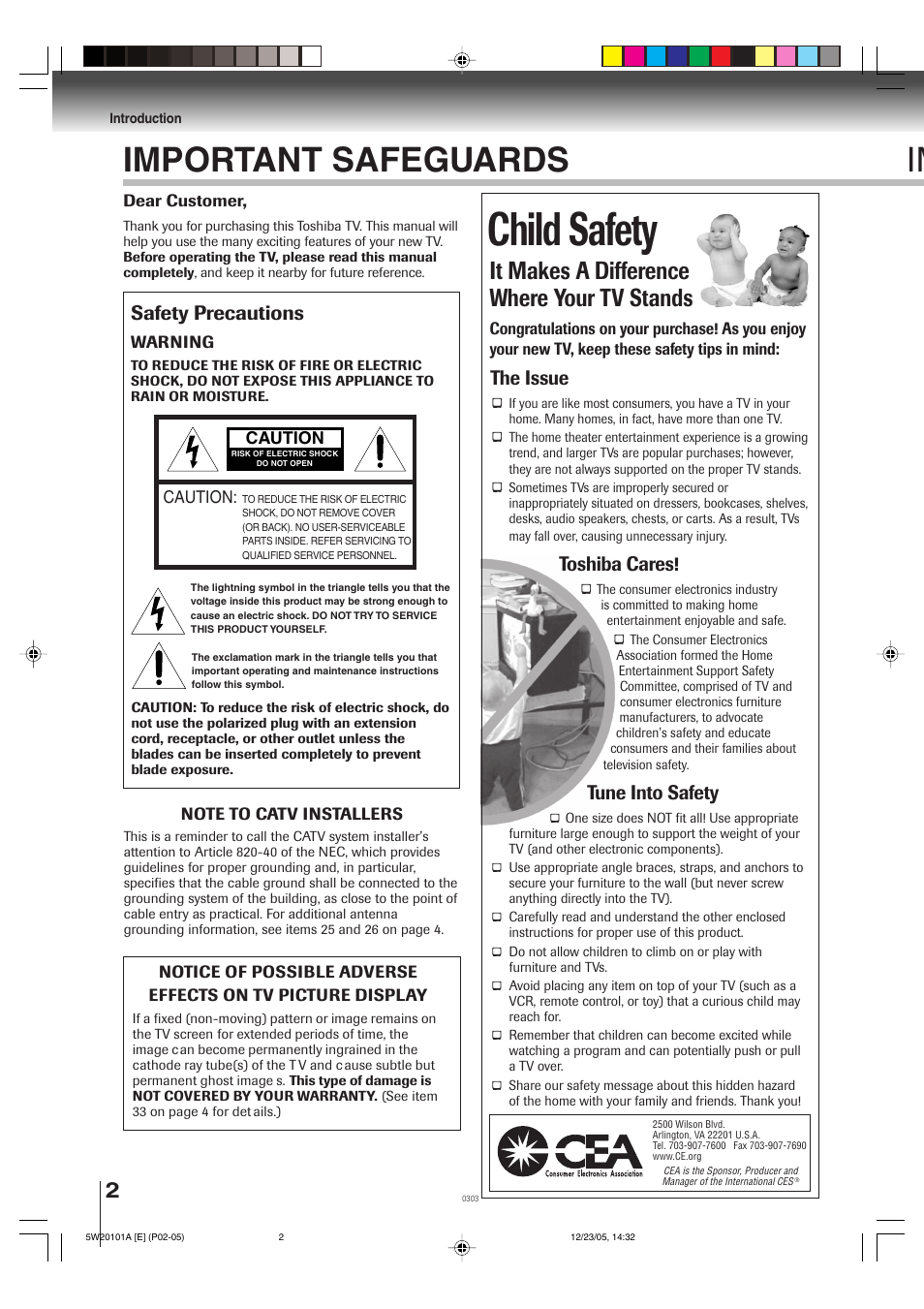 Child safety, Important safeguards im, It makes a difference where your tv stands | Safety precautions, The issue, Toshiba cares, Tune into safety | Toshiba MD14F52 User Manual | Page 2 / 56
