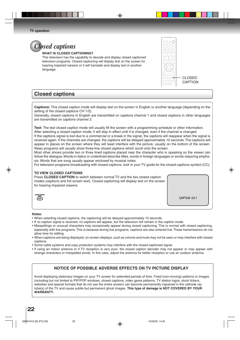 Closed captions | Toshiba MD14F52 User Manual | Page 22 / 56