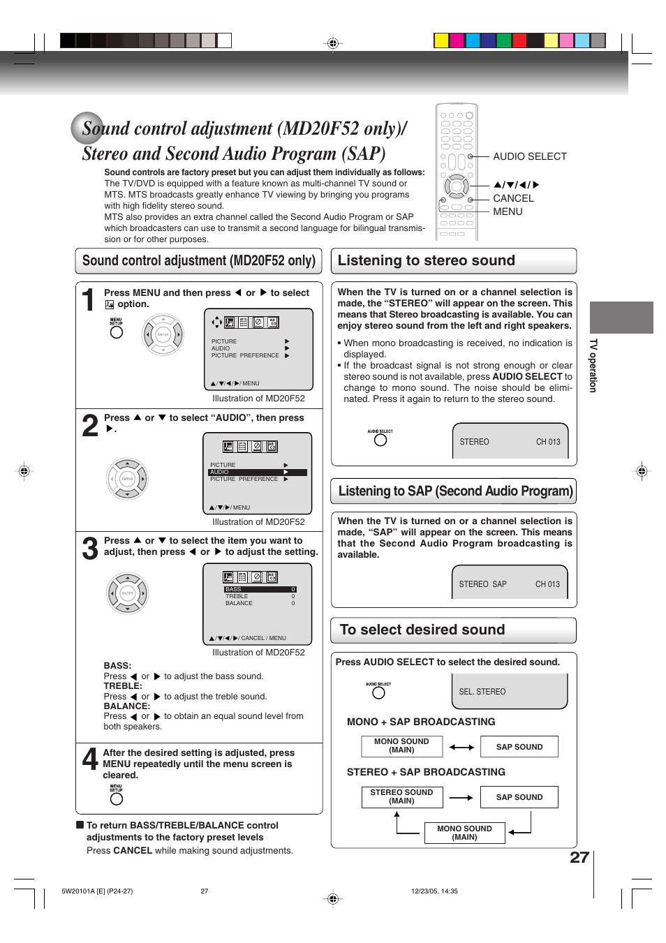 Listening to sap (second audio program) | Toshiba MD14F52 User Manual | Page 27 / 56