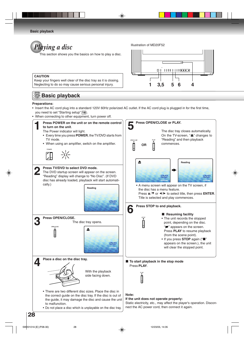 Playing a disc, Basic playback | Toshiba MD14F52 User Manual | Page 28 / 56