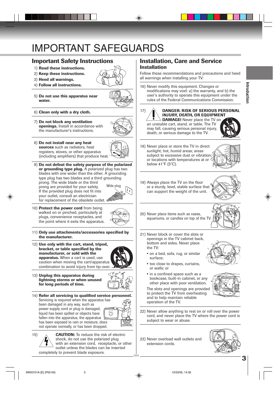 Important safeguards, Important safety instructions, Installation, care and service | Installation | Toshiba MD14F52 User Manual | Page 3 / 56