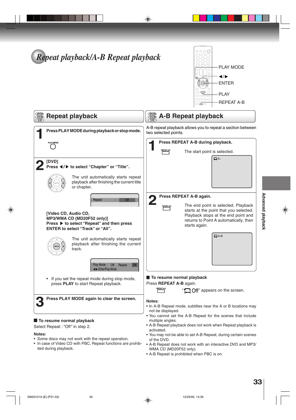 Repeat playback/a-b repeat playback, Repeat playback a-b repeat playback | Toshiba MD14F52 User Manual | Page 33 / 56