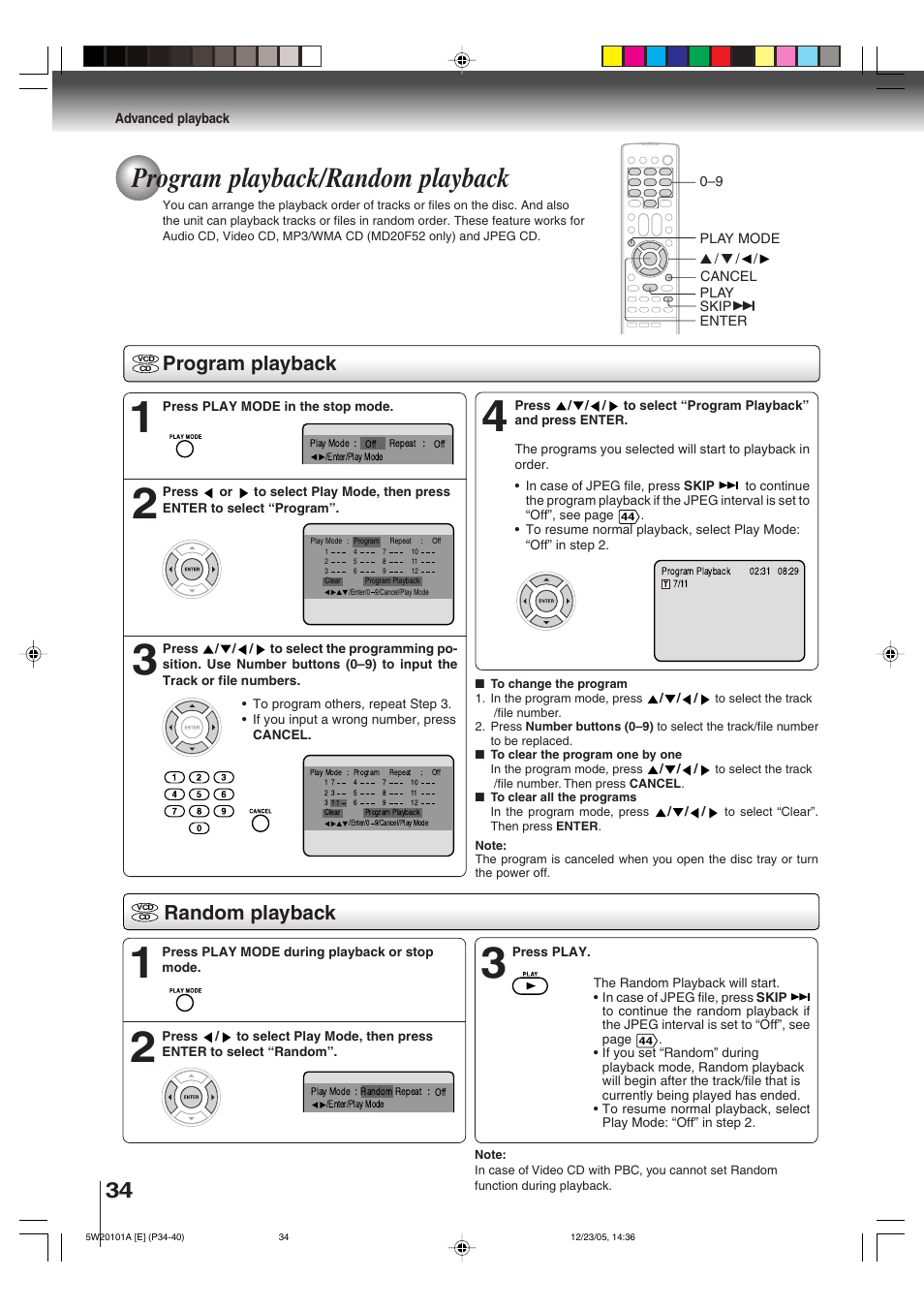 Program playback/random playback, Program playback, Random playback | Toshiba MD14F52 User Manual | Page 34 / 56