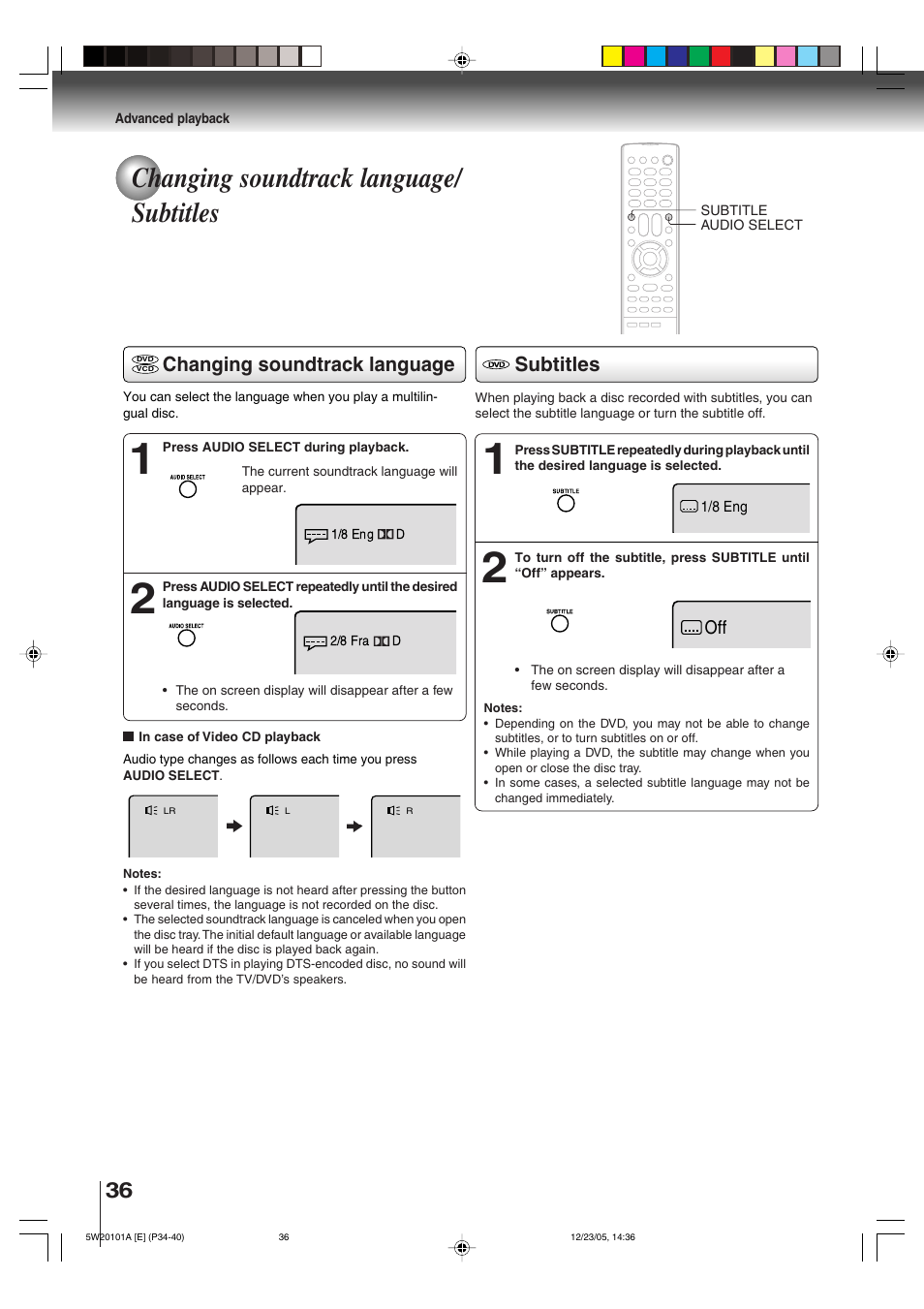 Changing soundtrack language/ subtitles, Subtitles changing soundtrack language | Toshiba MD14F52 User Manual | Page 36 / 56