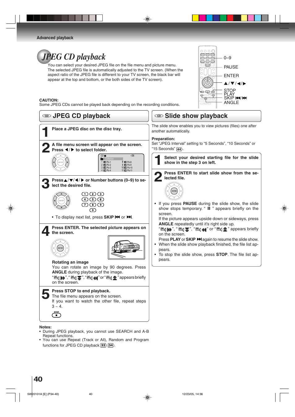 Jpeg cd playback, Jpeg cd playback slide show playback | Toshiba MD14F52 User Manual | Page 40 / 56