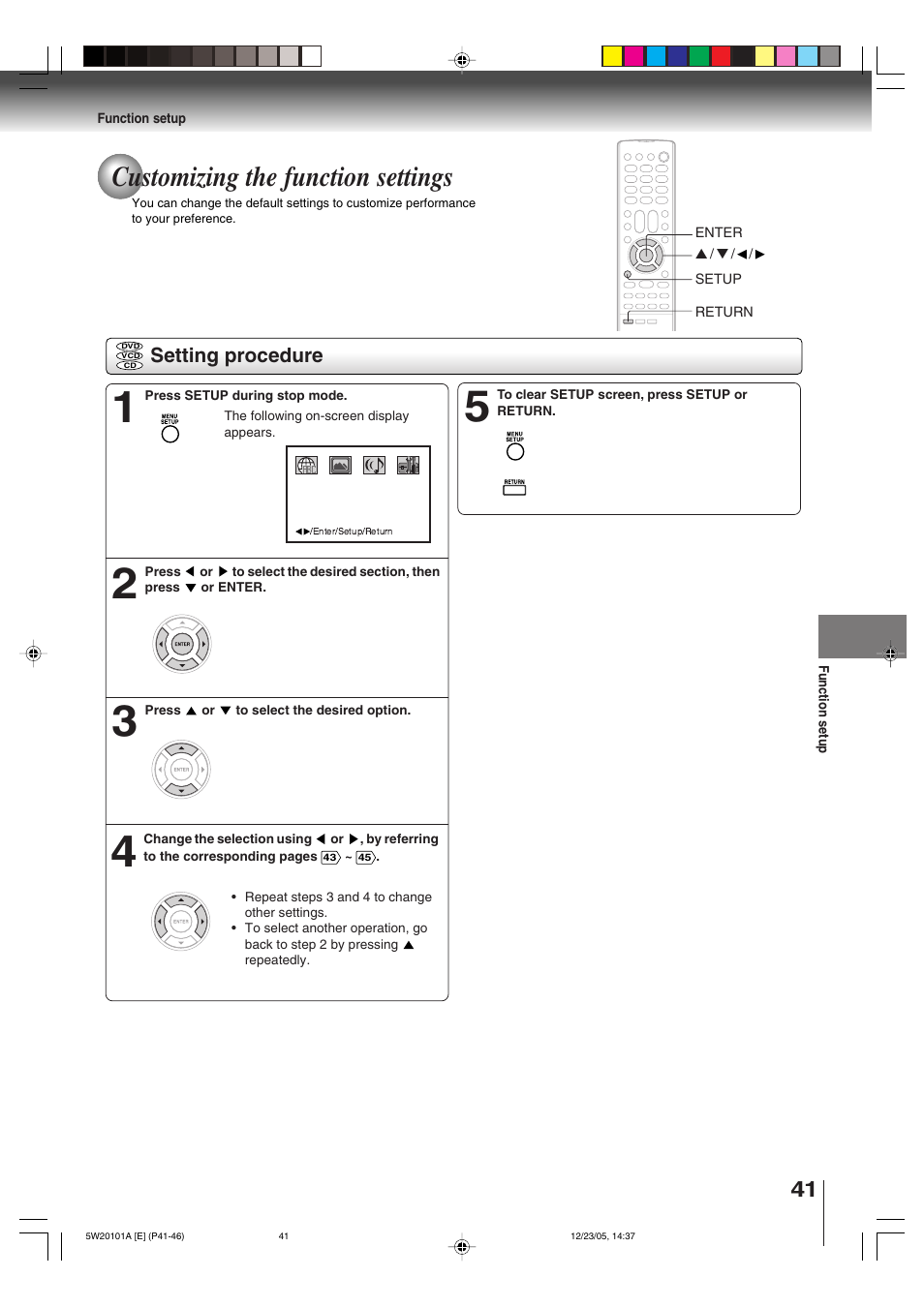 Customizing the function settings | Toshiba MD14F52 User Manual | Page 41 / 56