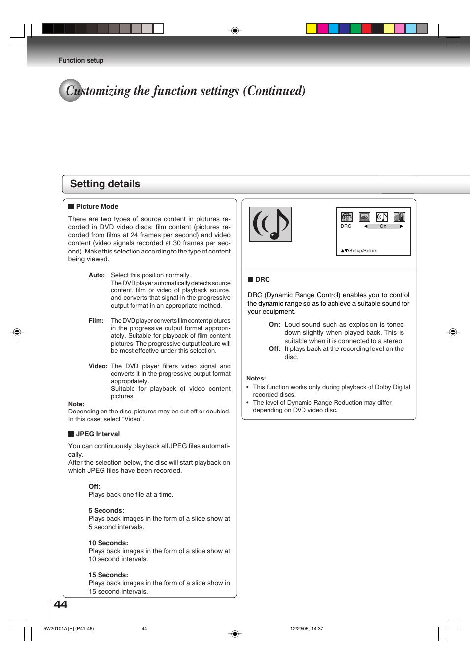 Customizing the function settings (continued), Setting details | Toshiba MD14F52 User Manual | Page 44 / 56