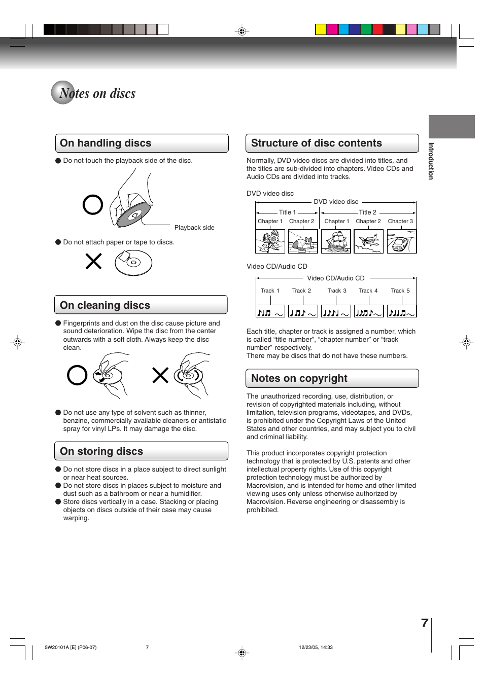 Structure of disc contents, On handling discs, On cleaning discs | On storing discs | Toshiba MD14F52 User Manual | Page 7 / 56