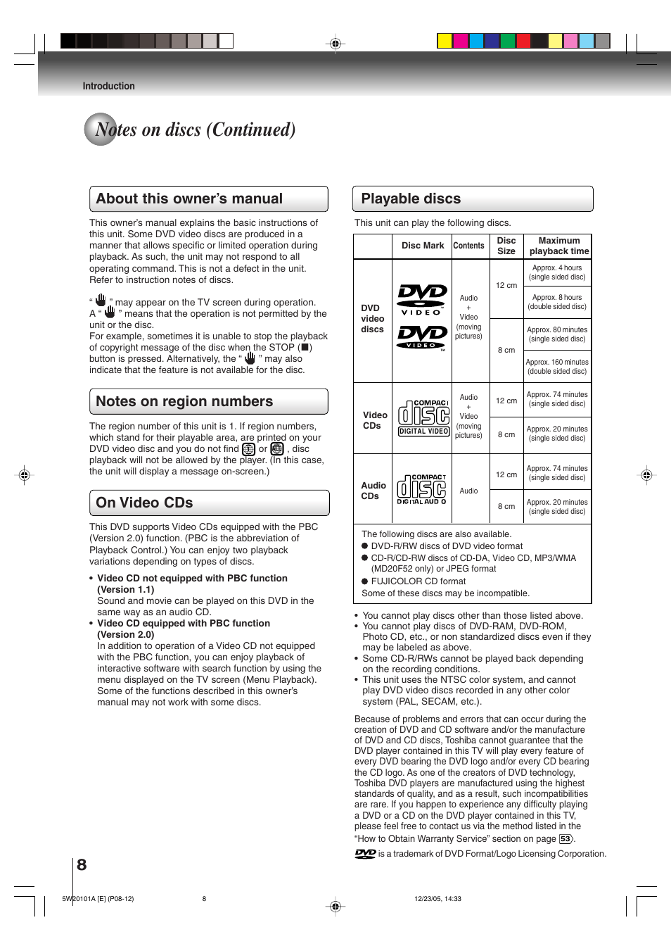Playable discs, About this owner’s manual, On video cds | Toshiba MD14F52 User Manual | Page 8 / 56