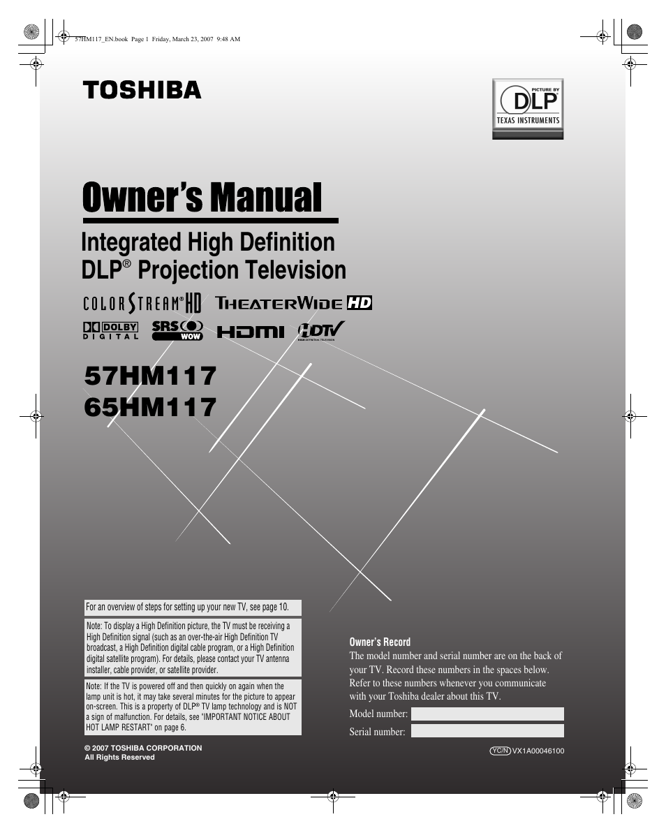 Toshiba 65HM117 User Manual | 74 pages