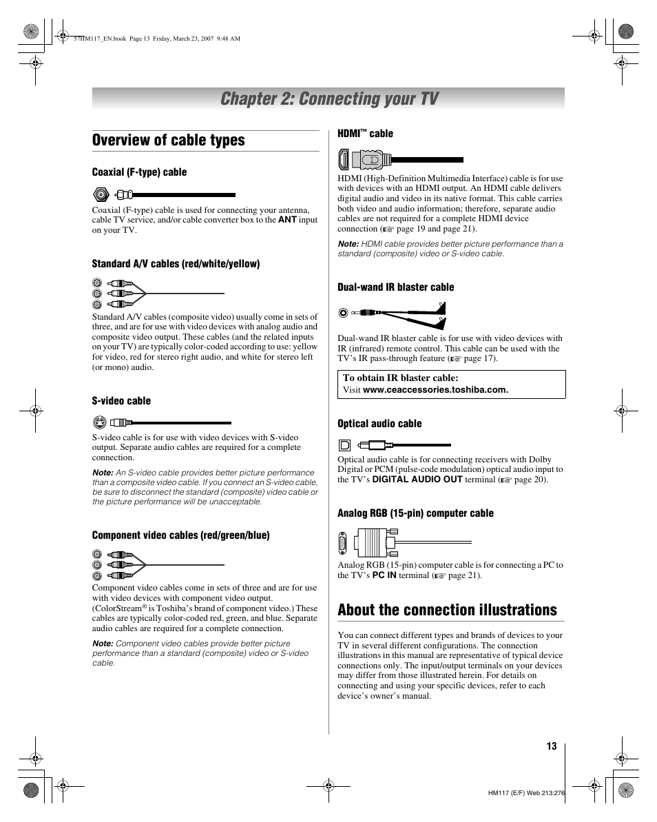 Chapter 2: connecting your tv, Overview of cable types, About the connection illustrations | Toshiba 65HM117 User Manual | Page 13 / 74