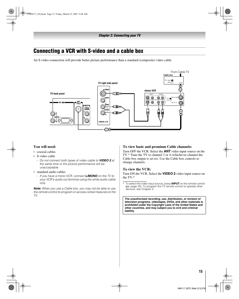 Connecting a vcr with s-video and a cable box, You will need, Chapter 2: connecting your tv | Coaxial cables, S-video cable, Standard audio cables | Toshiba 65HM117 User Manual | Page 15 / 74