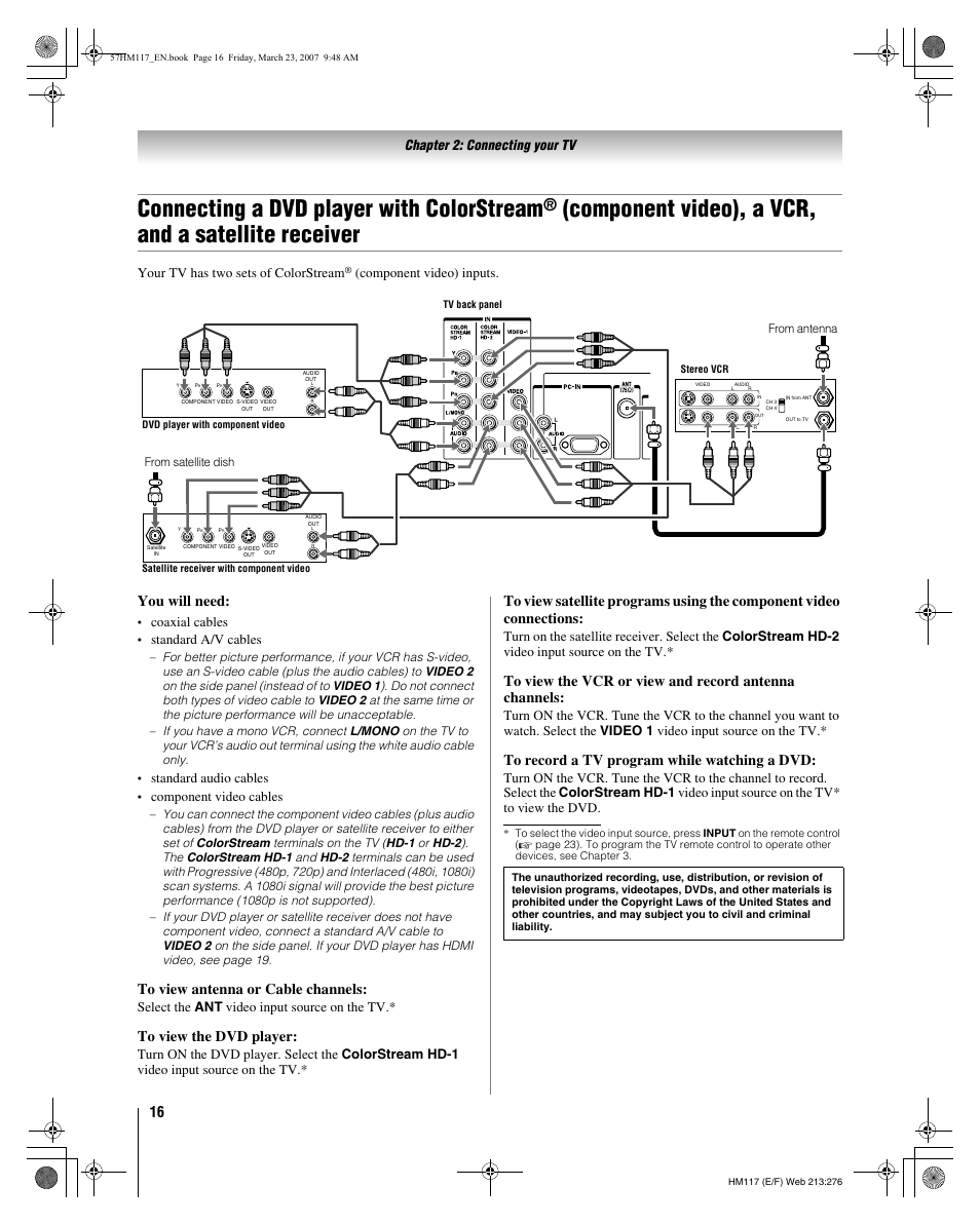 Connecting a dvd player with colorstream, Component video), a vcr, and a satellite receiver, You will need | Chapter 2: connecting your tv, Your tv has two sets of colorstream, Component video) inputs, Coaxial cables, Standard a/v cables, Standard audio cables, Component video cables | Toshiba 65HM117 User Manual | Page 16 / 74