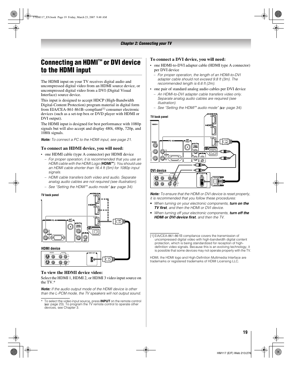 Connecting an hdmi, Or dvi device to the hdmi input | Toshiba 65HM117 User Manual | Page 19 / 74