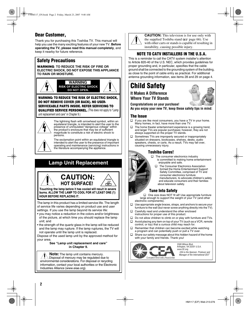 Child safety, Lamp unit replacement, Dear customer | Safety precautions, It makes a difference where your tv stands, The issue, Toshiba cares, Tune into safety | Toshiba 65HM117 User Manual | Page 2 / 74