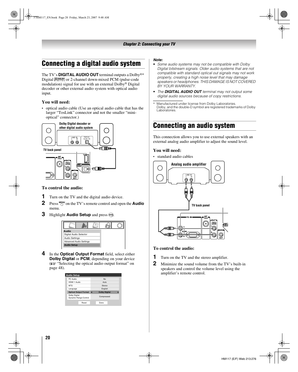 Connecting a digital audio system, Connecting an audio system, You will need | Toshiba 65HM117 User Manual | Page 20 / 74