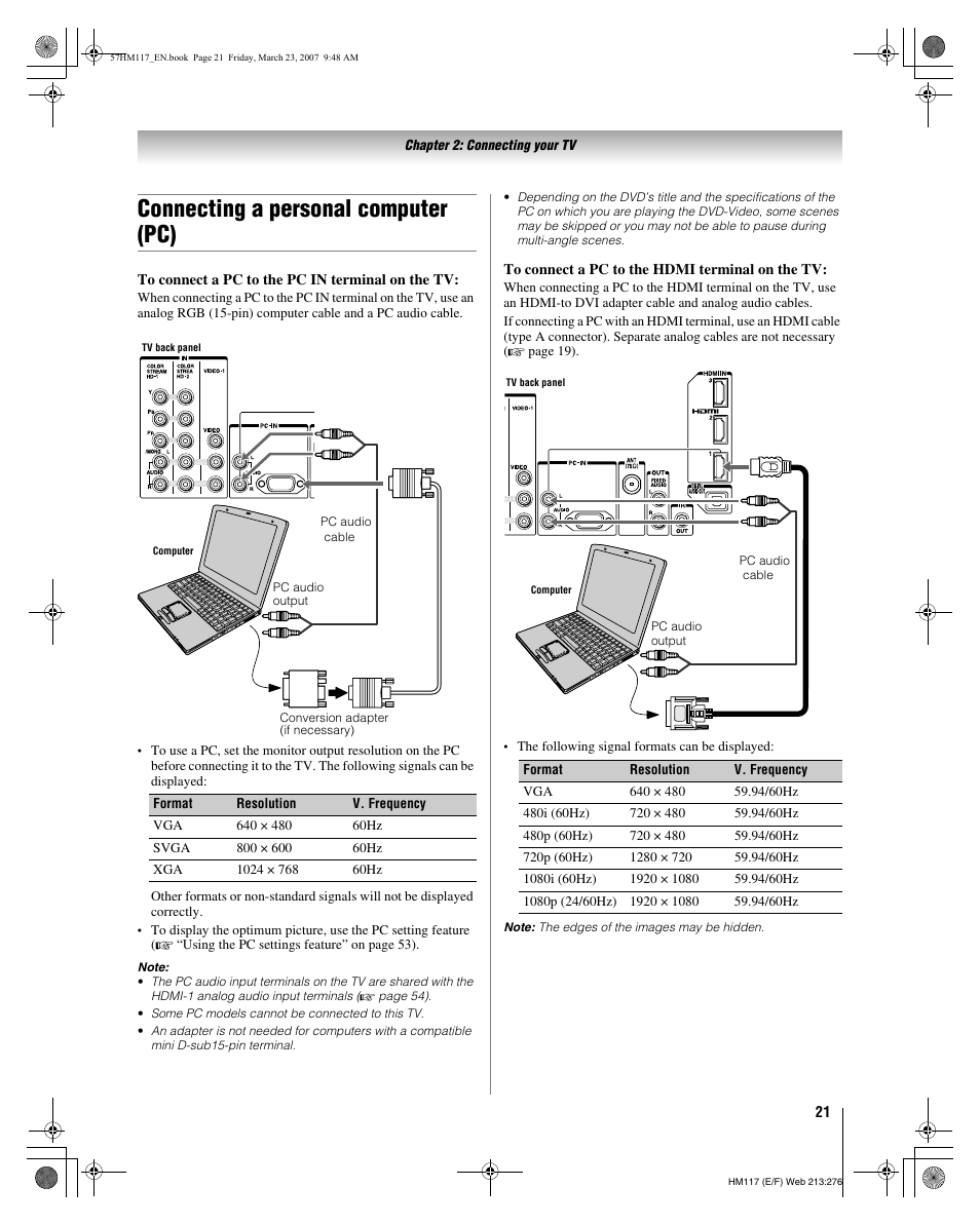 Connecting a personal computer (pc) | Toshiba 65HM117 User Manual | Page 21 / 74