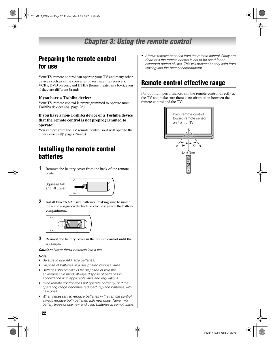 Chapter 3: using the remote control, Preparing the remote control for use, Installing the remote control batteries | Remote control effective range | Toshiba 65HM117 User Manual | Page 22 / 74