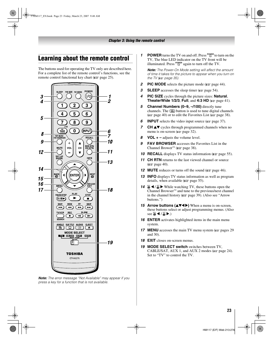 Learning about the remote control | Toshiba 65HM117 User Manual | Page 23 / 74