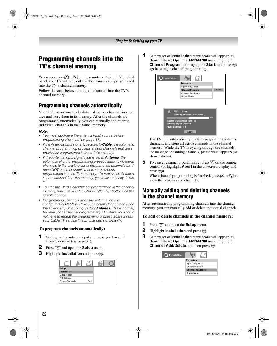 Programming channels automatically | Toshiba 65HM117 User Manual | Page 32 / 74