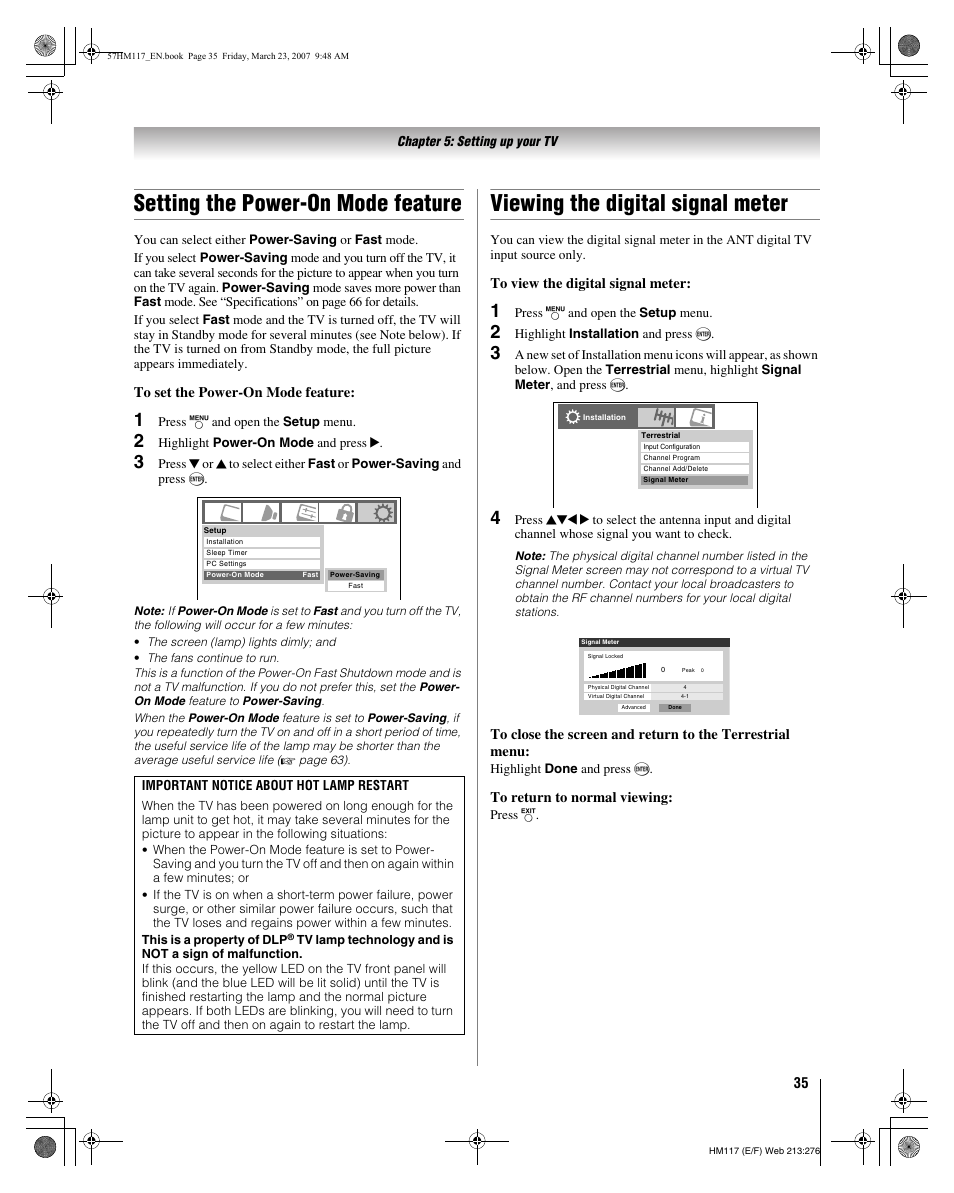 Setting the power-on mode feature, Viewing the digital signal meter | Toshiba 65HM117 User Manual | Page 35 / 74