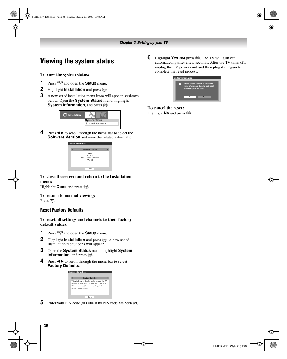 Viewing the system status, Reset factory defaults | Toshiba 65HM117 User Manual | Page 36 / 74