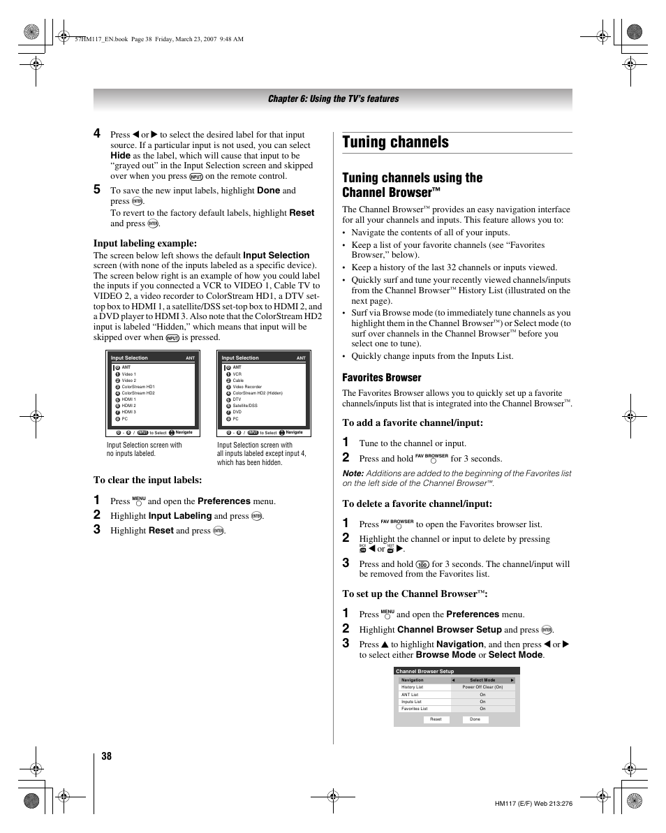 Tuning channels, Tuning channels using the channel browser, Favorites browser | Input labeling example | Toshiba 65HM117 User Manual | Page 38 / 74