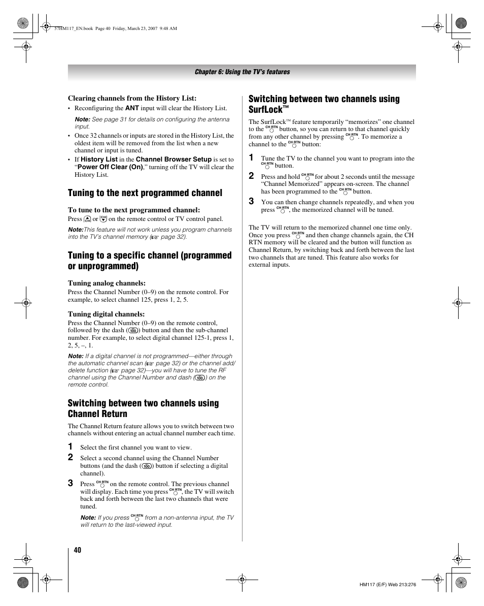 Tuning to the next programmed channel, Switching between two channels using surflock | Toshiba 65HM117 User Manual | Page 40 / 74