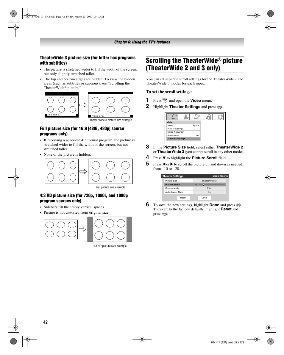 Scrolling the theaterwide, Picture (theaterwide 2 and 3 only) | Toshiba 65HM117 User Manual | Page 42 / 74