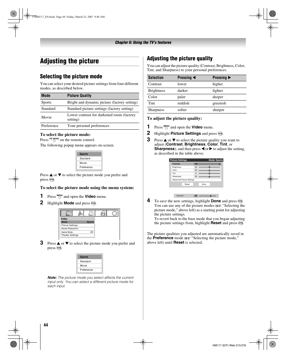 Adjusting the picture, Selecting the picture mode, Adjusting the picture quality | Toshiba 65HM117 User Manual | Page 44 / 74