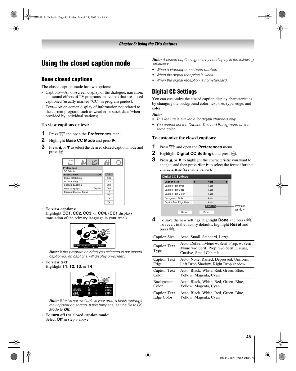 Using the closed caption mode, Base closed captions, Digital cc settings | Toshiba 65HM117 User Manual | Page 45 / 74
