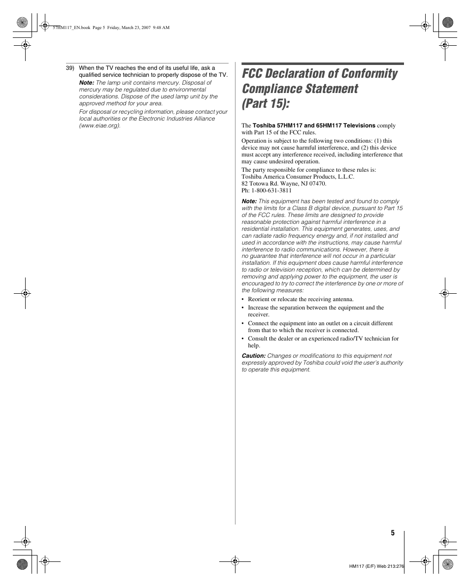 Toshiba 65HM117 User Manual | Page 5 / 74