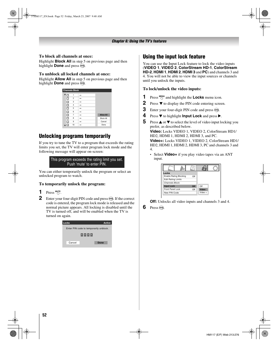 Unlocking programs temporarily, Using the input lock feature | Toshiba 65HM117 User Manual | Page 52 / 74