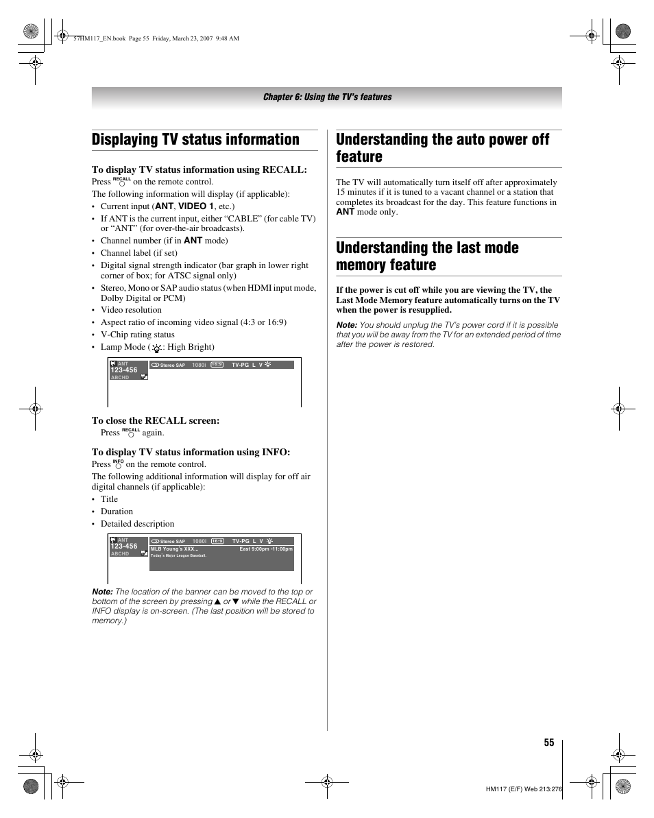 Displaying tv status information, Understanding the auto power off feature | Toshiba 65HM117 User Manual | Page 55 / 74