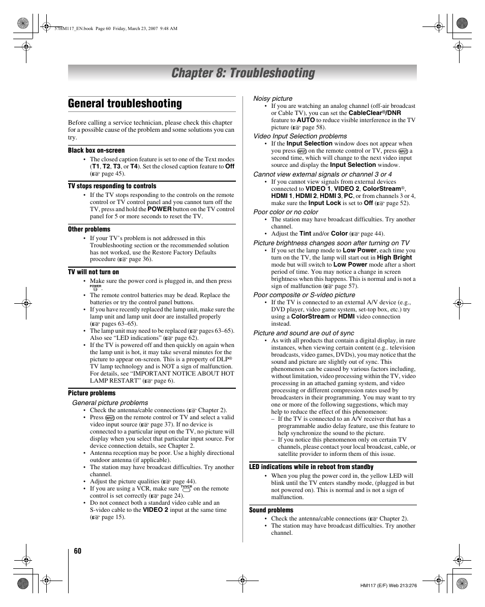 Chapter 8: troubleshooting, General troubleshooting | Toshiba 65HM117 User Manual | Page 60 / 74