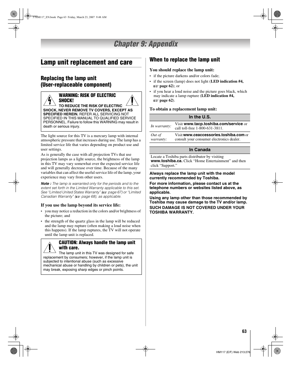 Chapter 9: appendix, Lamp unit replacement and care, When to replace the lamp unit | Toshiba 65HM117 User Manual | Page 63 / 74