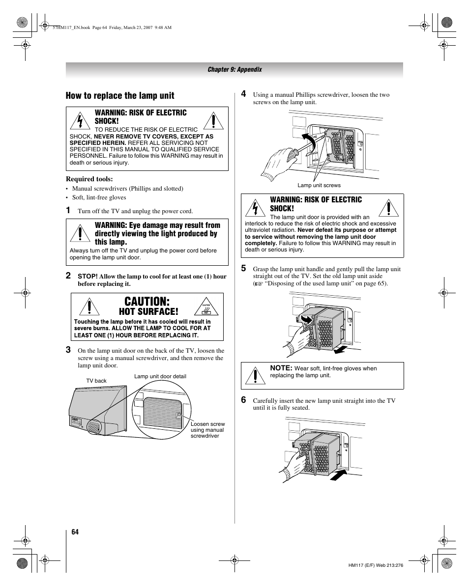 How to replace the lamp unit | Toshiba 65HM117 User Manual | Page 64 / 74