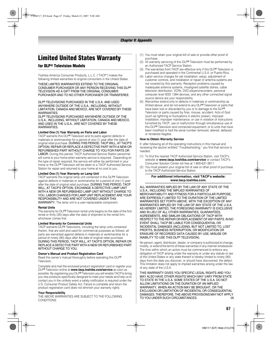 Limited united states warranty, For dlp, Television models | Toshiba 65HM117 User Manual | Page 67 / 74